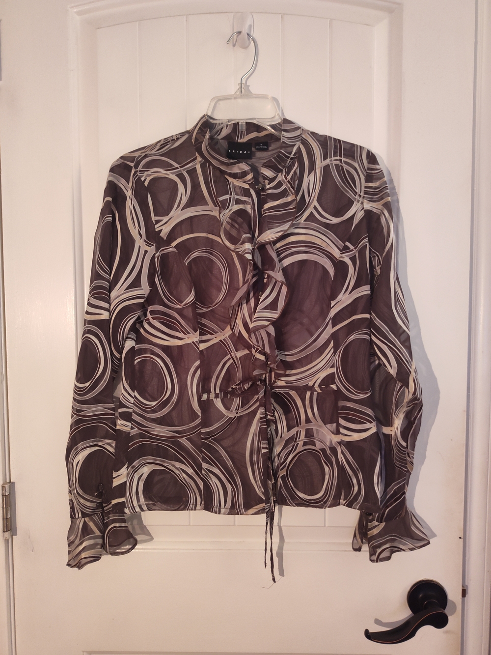 Tribal Brown & Cream Abstract Circle Ruffle Front Blouse